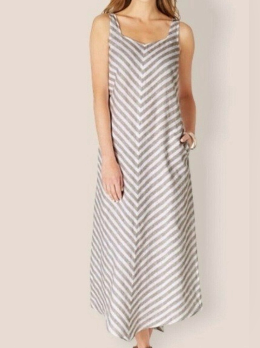 J. Jill Beige and White Striped V-Neck Maxi Dress